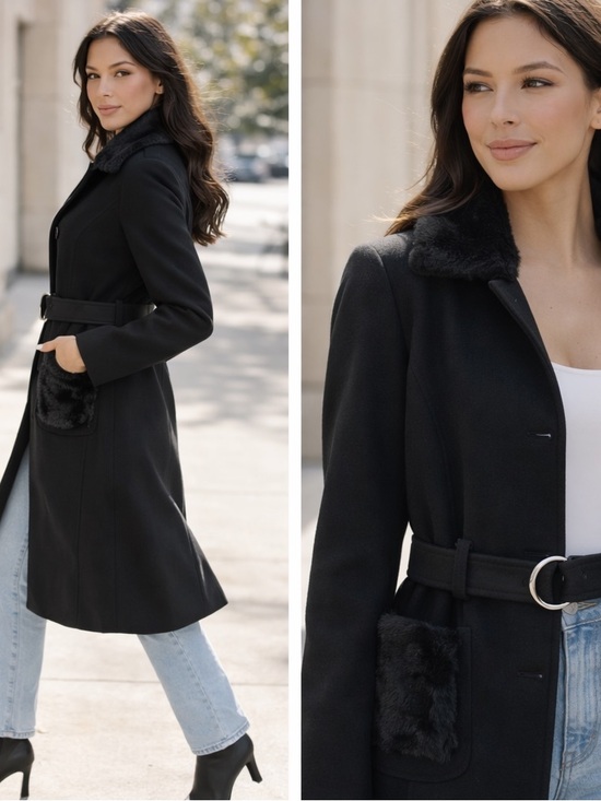 Jackets & Blazers - 7. COST🛑Black faux fur pocketed peacoat belted pockets coat jacket